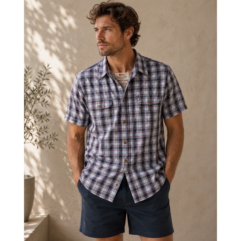 Fjallraven Abisko Cool Shirt‎ Mens M Blue Red Plaid Short Sleeve Button Down